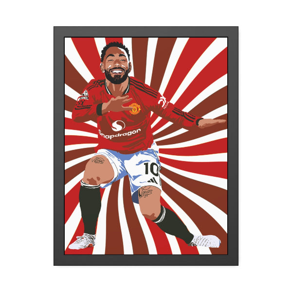 Framed artwork of a soccer player in a red jersey with a sunburst background