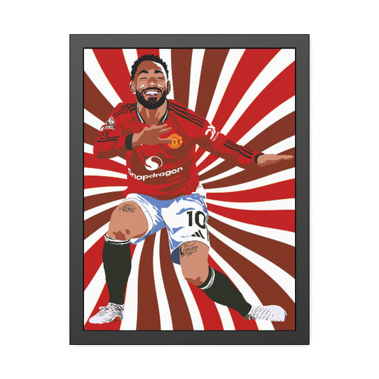 Framed artwork of a soccer player in a red jersey with a sunburst background
