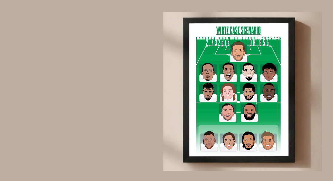 Framed poster with illustrations of players on a sports team, titled 'White Case Scenario'.