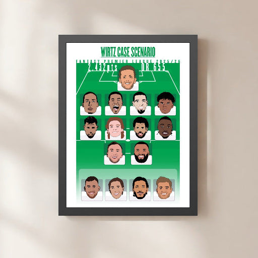 Framed poster with illustrations of people on a green background, titled 'Virtz Case Scenario', on a beige wall.