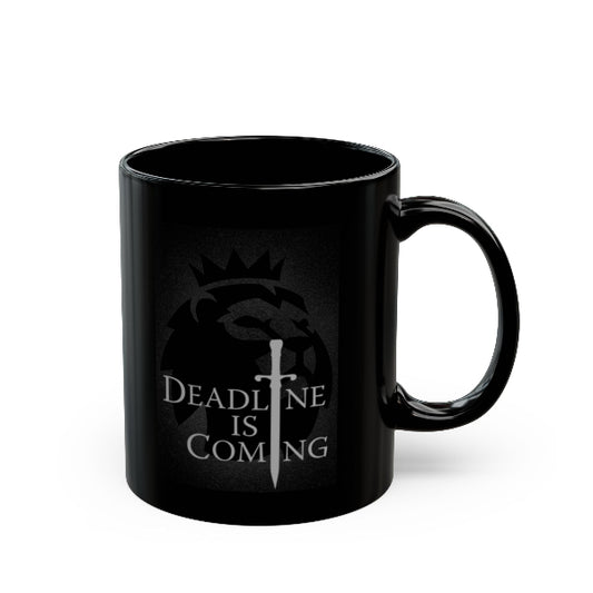 Black mug with white logo and text on a white background