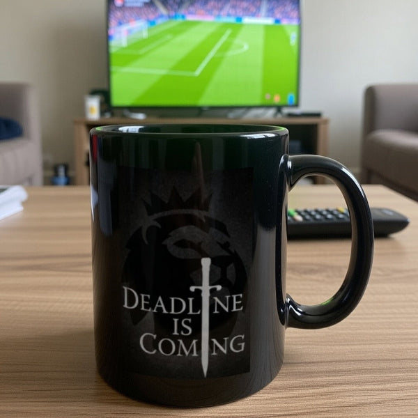 Black mug with 'Deadline is Coming' text on a table in a living room setting.