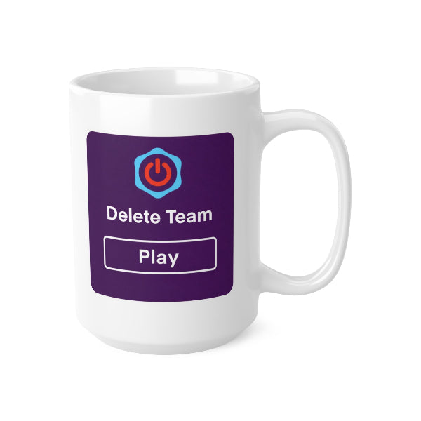 A white ceramic mug featuring a purple graphic print with a blue and red power button icon, the text 'Delete Team', and a 'Play' button.