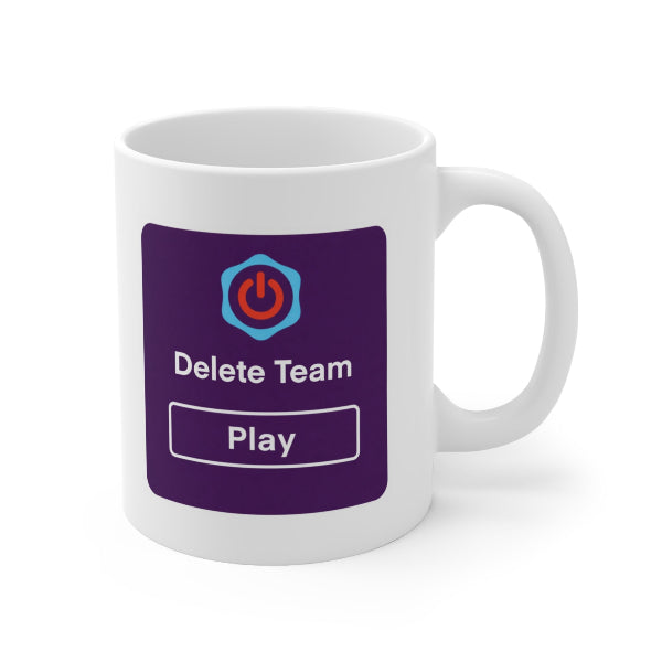A white ceramic mug with a purple graphic print featuring a power button icon, the text 'Delete Team', and a 'Play' button, shown on a white background.