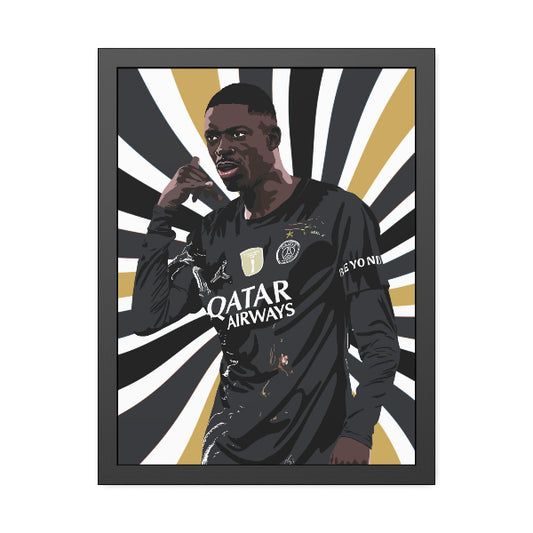 Framed artwork of a soccer player in a black jersey with 'Qatar Airways' on a dynamic background.