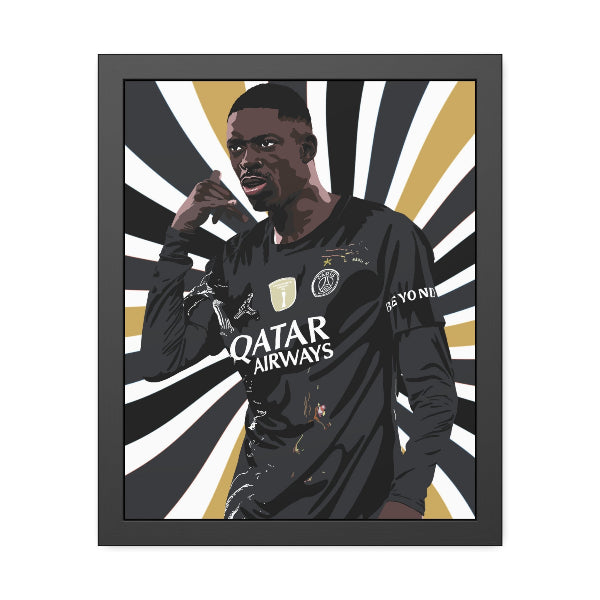 Framed artwork of a person wearing a black sports jersey with 'Qatar Airways' on it, against a dynamic background.