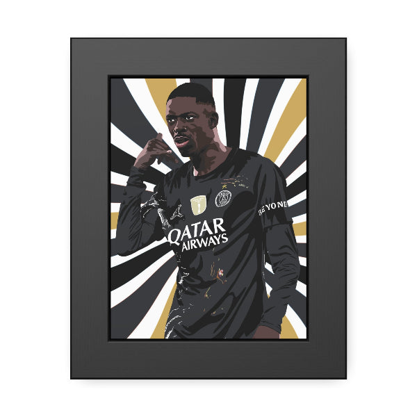 Framed artwork of a person wearing a sports jersey with visible branding on a white background