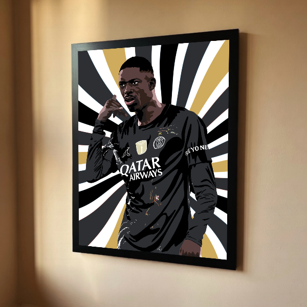 Framed artwork of a sports player with Qatar Airways branding on a wall.