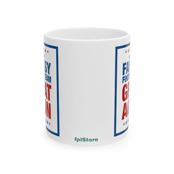 White mug with red and blue text on a white background