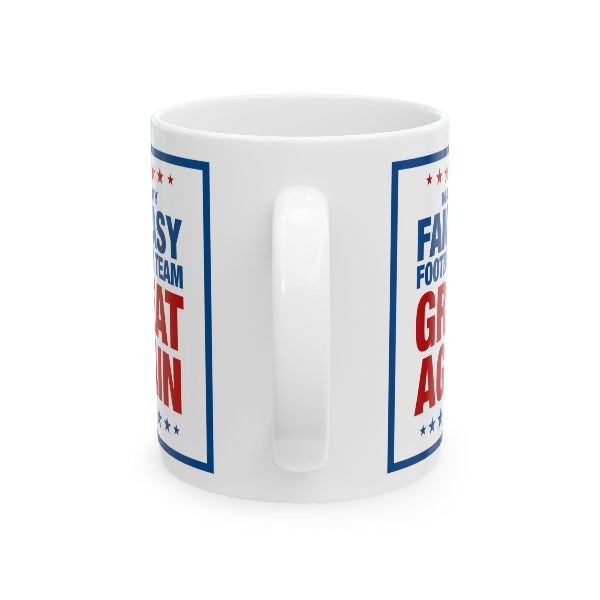 White mug with red and blue text on a white background