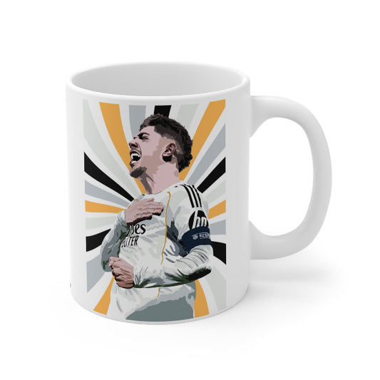 Mug with a graphic of a soccer player in a white jersey on a white background