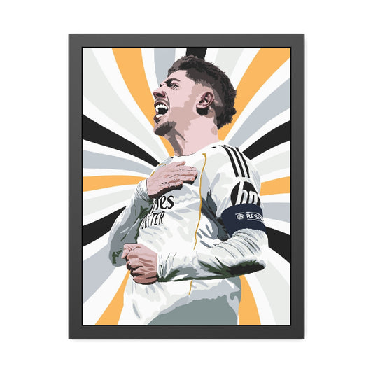 Framed artwork of a soccer player in a white jersey with black accents on a white background