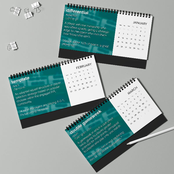 Three spiral-bound desk calendar pages arranged on a light gray surface, showing January, February, and March with teal and white panels and black text. A white pen and small binder clips are placed nearby as props.