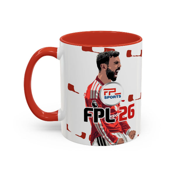 Mug with a sports-themed design featuring a player and 'FPL' branding on a white background.