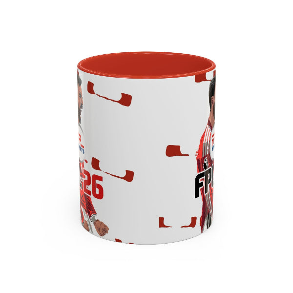 Mug with red interior and printed design on a white background
