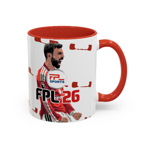 Mug with a sports player design and 'FPL' branding on a white background