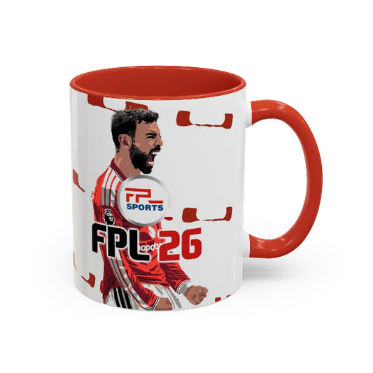 Mug with a sports player design and 'FPL' branding on a white background