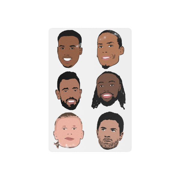 A rectangular card featuring six stylized illustrated male faces in different hairstyles, beards, and skin tones, shown on a plain white background.