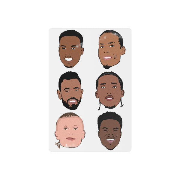FPL Ballers temporary tattoo sheet with illustrated faces of Gabriel, Haaland, Bruno Fernandes, Saka, van Dijk and Joao Pedro, Fantasy Premier League gift