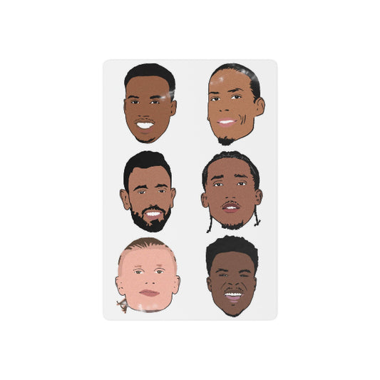 FPL Ballers temporary tattoo sheet with illustrated faces of Gabriel, Haaland, Bruno Fernandes, Saka, van Dijk and Joao Pedro, Fantasy Premier League gift