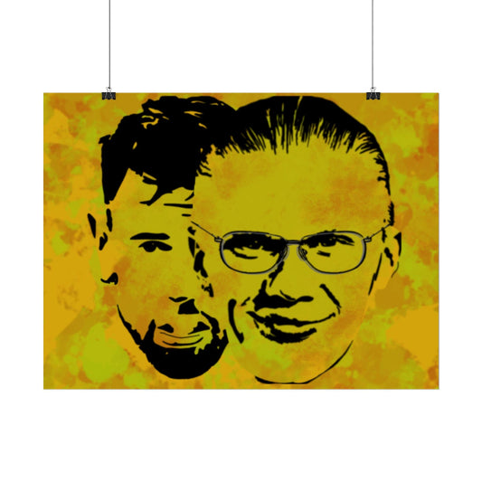 Black line art of two faces on a yellow textured background