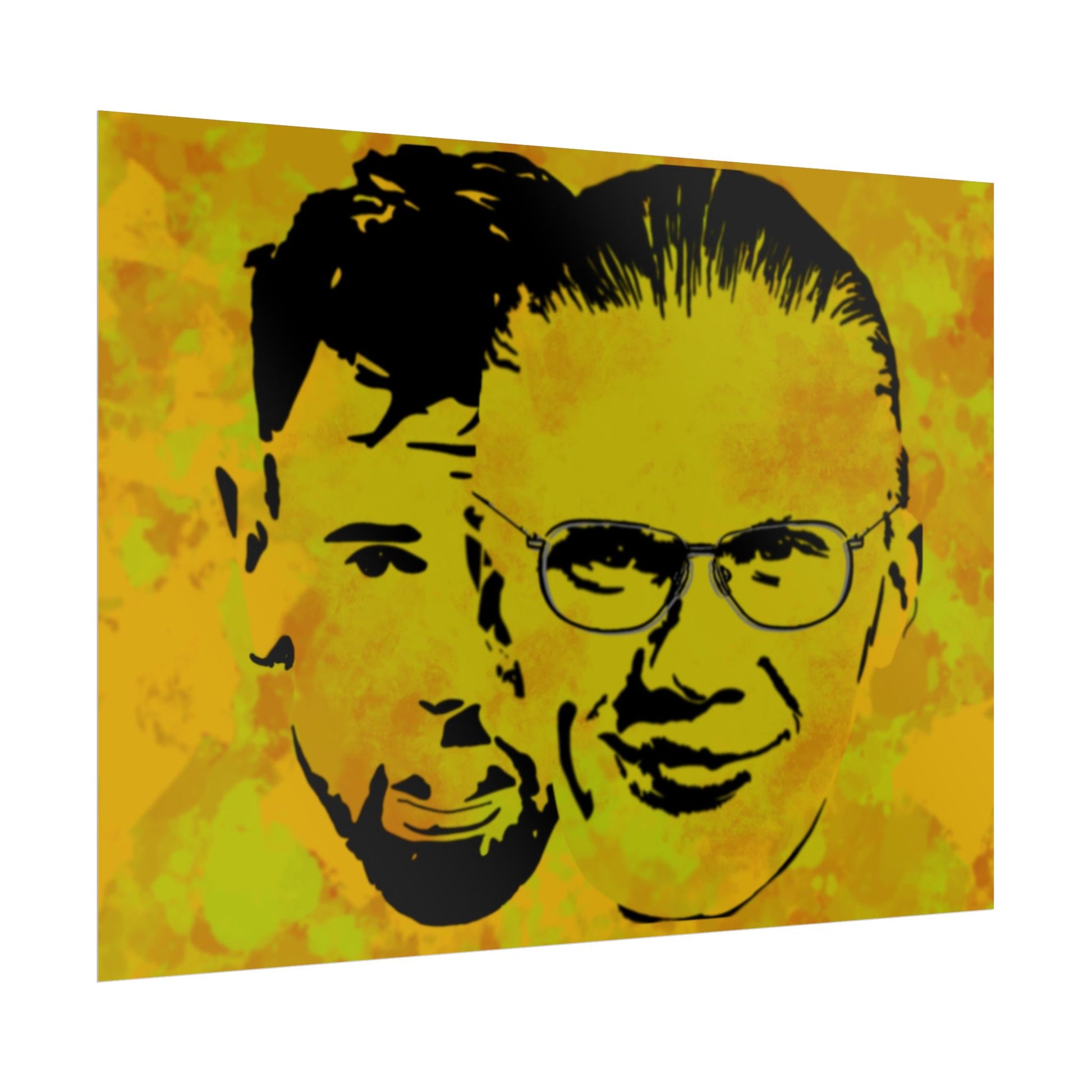 Black silhouette of two faces on a yellow abstract background