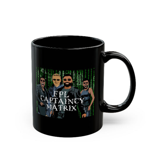 Black mug with a design of five people and text 'FPL CAPTAINCY MATRIX' on a white background