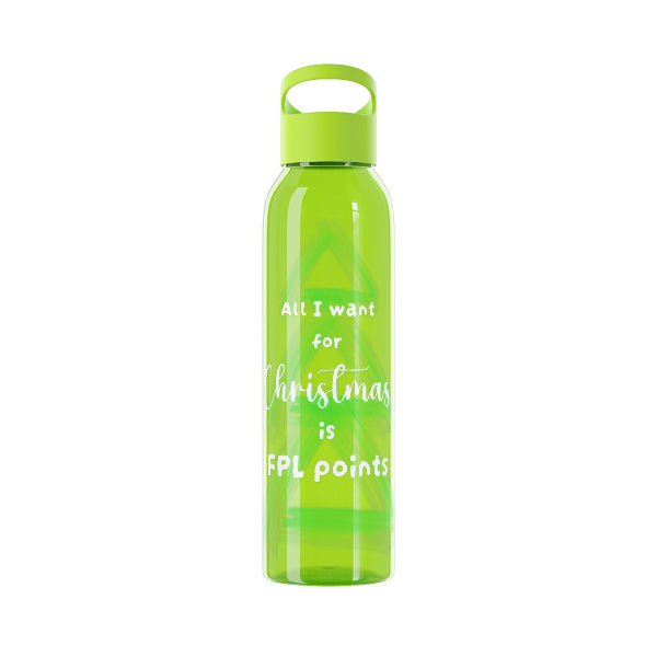 A translucent lime green water bottle with a matching green cap and handle, featuring the white text 'All I want for Christmas is FPL points' on the front, set against a plain white background.