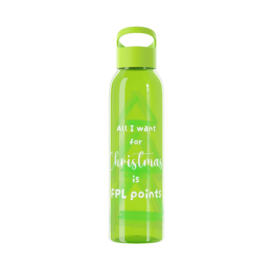 A translucent lime green water bottle with a matching green cap and handle, featuring the white text 'All I want for Christmas is FPL points' on the front, set against a plain white background.