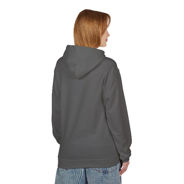 Person wearing a green hoodie from behind on a white background