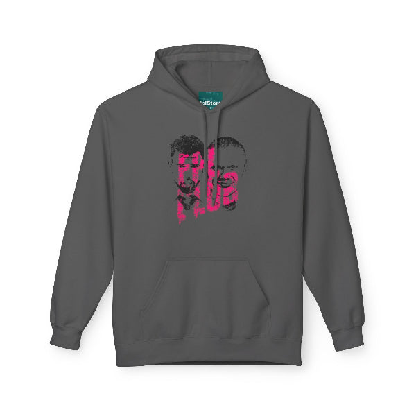 A dark gray pullover hoodie with a front kangaroo pocket and a graphic print of two stylized faces in black and bright pink on the chest. The hoodie is shown against a plain white background.