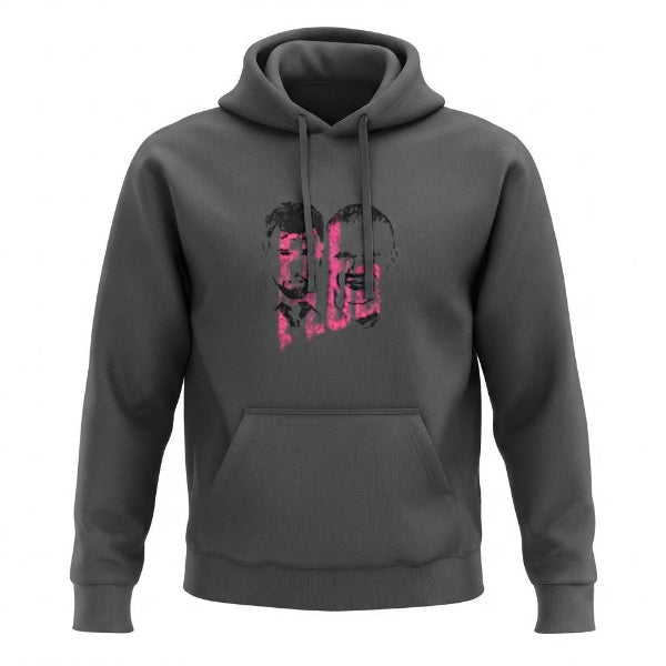 A dark gray pullover hoodie with a front kangaroo pocket and drawstring hood, featuring a stylized pink and black graphic print of two faces on the chest.