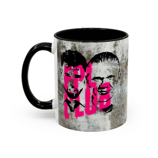 Mug with graphic design of two faces and the word 'F**K' in pink on a white background