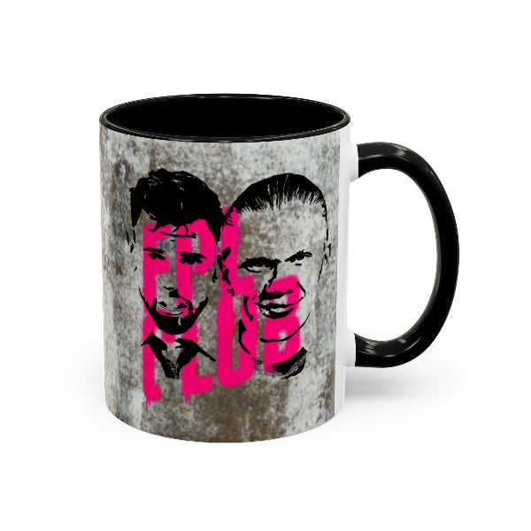Mug with black interior, pink text, and black handle on a white background