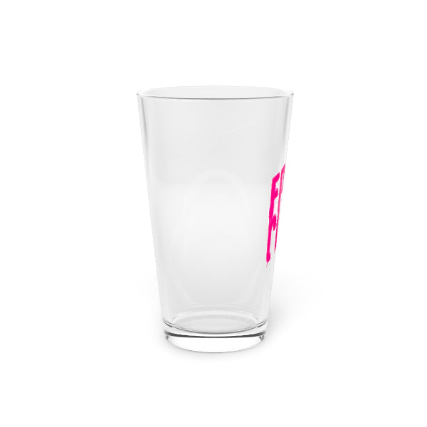 Clear glass with pink text on a white background