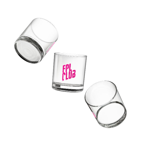 Three clear glass tumblers with 'FPL Club' text in pink on a white background
