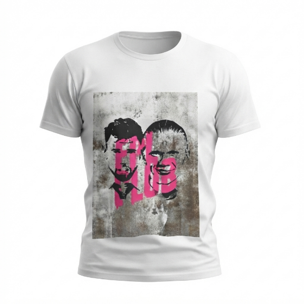 A white short-sleeve crewneck t-shirt featuring a rectangular graphic print on the front. The graphic displays a distressed, grunge-style design with black and pink portraits of two men's faces forming the word 'LOVE'.