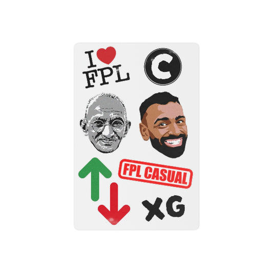 A white rectangular sticker sheet featuring various graphic designs, including a black and white portrait of Albert Einstein, a stylized cartoon face with a beard, green and red arrows, the text 'I ❤️ FPL', 'FPL CASUAL', and 'XG'.