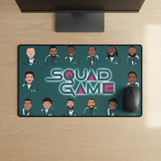 Squad Game desk mat with players in green jumpsuits, Fantasy Premier League gift