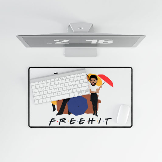 Computer setup with a monitor displaying an animated character and 'FREEHIT' text on a white background.