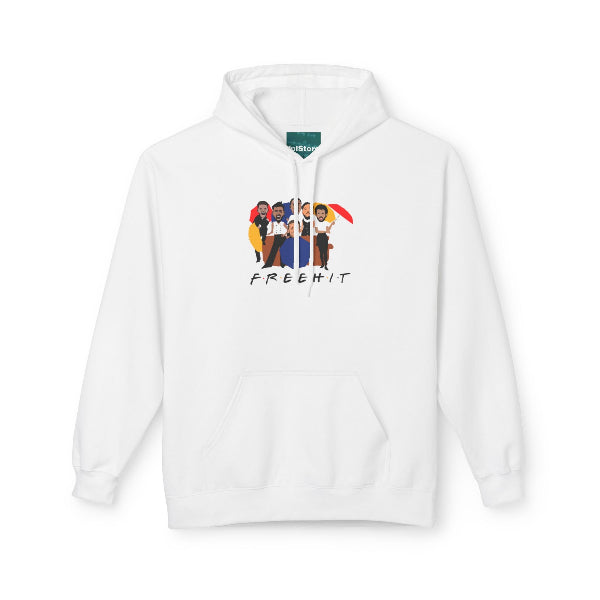 White hoodie with colorful graphic and text on a white background