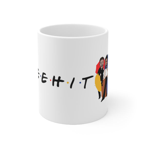 White mug with text and character illustration on a white background