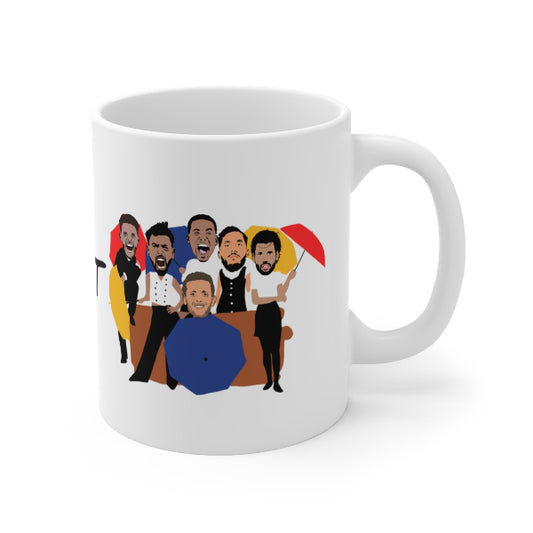 White mug with colorful graphic of six people on a white background