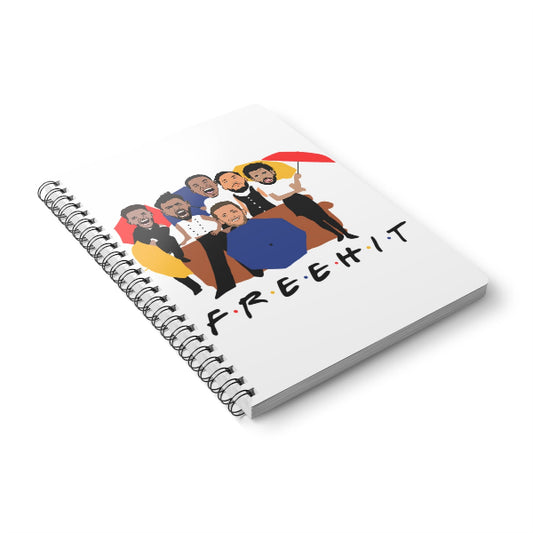 Notebook with a colorful illustration of people and the text 'FREEHIT' on a white background