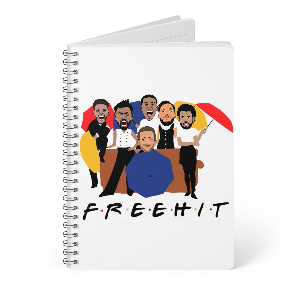Notebook with cartoon characters and 'FREEHIT' text on a white background