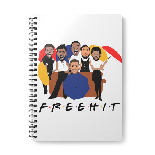 Notebook with a cartoon illustration of six people on a couch and the word 'FREEHIT' below.