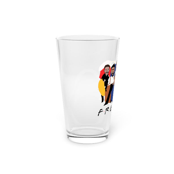 Clear glass with 'Friends' logo on a white background