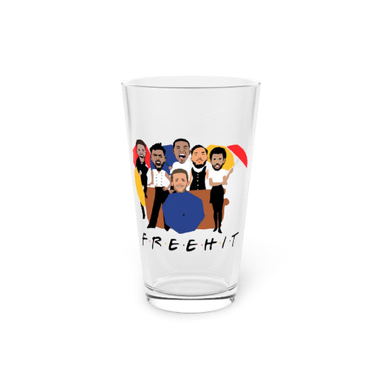 Clear glass with cartoon characters and 'FREEHIT' text on a white background