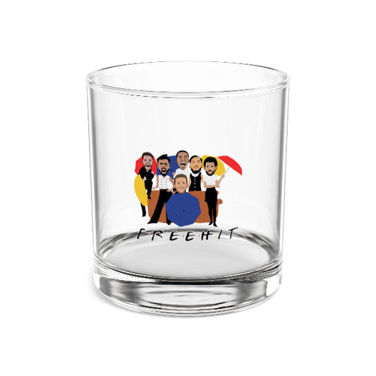 Clear glass tumbler with a colorful graphic of five people and the word 'FREEHIT' on a white background