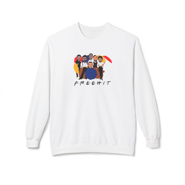 White sweatshirt with a graphic of people and the text 'FREEHIT' on a white background